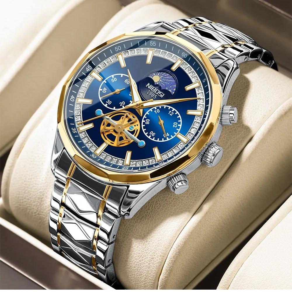 NIBOSI Star Moon Phase Watches Men Top Brand Luxury Automatic Watch for Men Luminous Waterproof Stainless Steel Quartz Clock