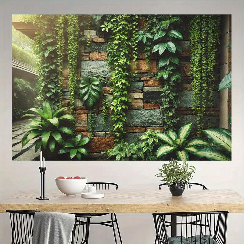 Lush Greenery Tapestry: Stone Wall With Cascading Plants For A Serene Living Room Decor