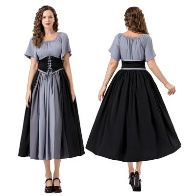 Halloween Contrasting Splicing Retro Dress Renaissance Dress One-word Shoulder Adult Women's Medieval Dress
