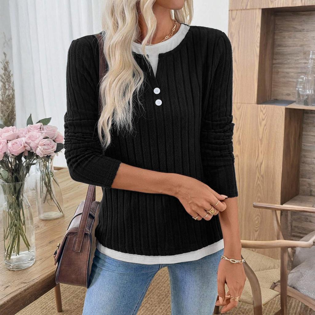 Women's Fashionable Solid Color Long Sleeved Round Neck Fake Two-piece Casual Pullover T-shirt Top