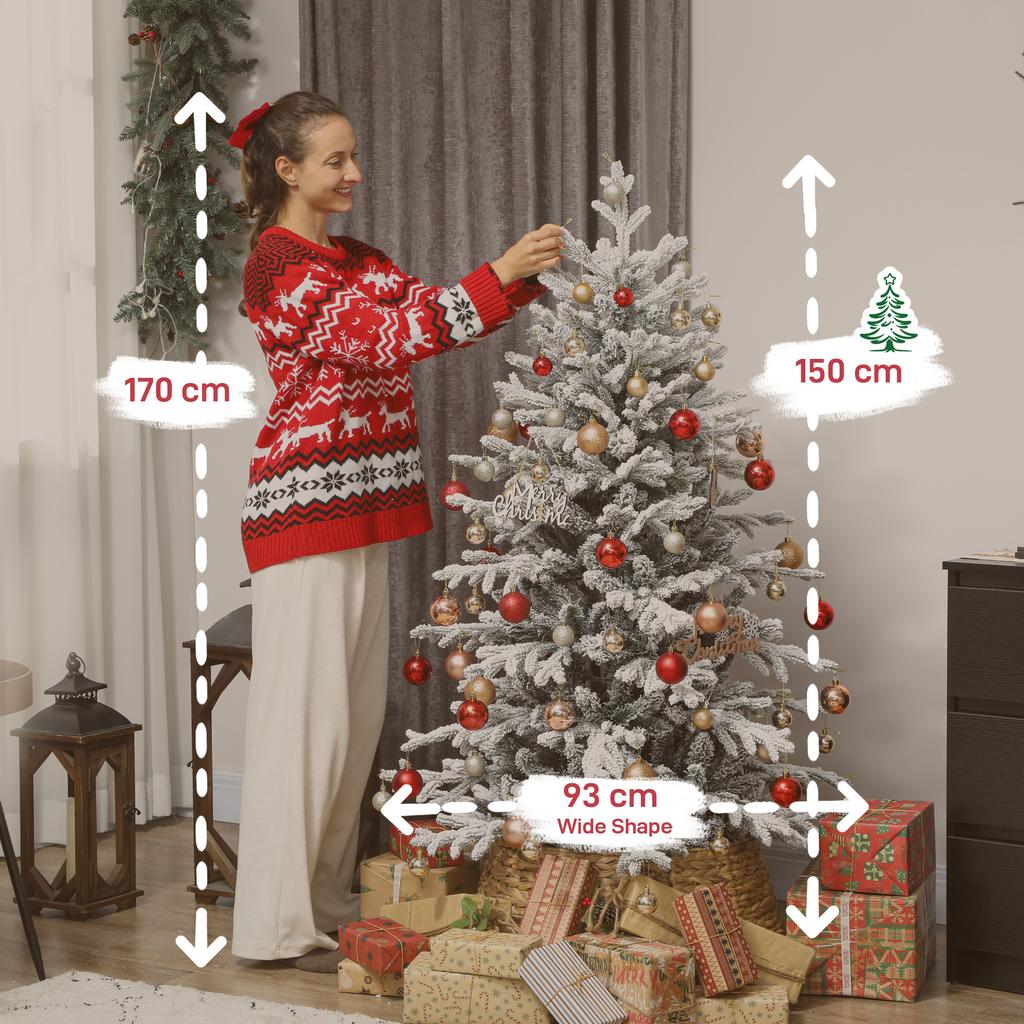 Artificial Christmas Tree, 150cm Christmas Tree with Snow, 1162 Branches, Foldable Metal Stand