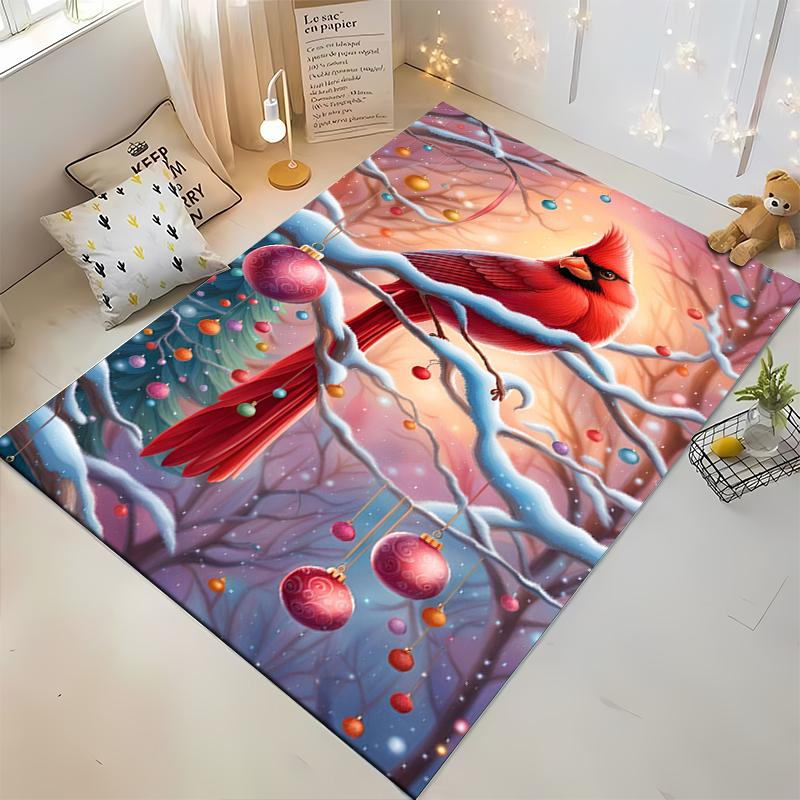 Red Cardinal Bird on Snowy Branches and Ornaments Non-slip rug suitable for living room and bedroom sofas