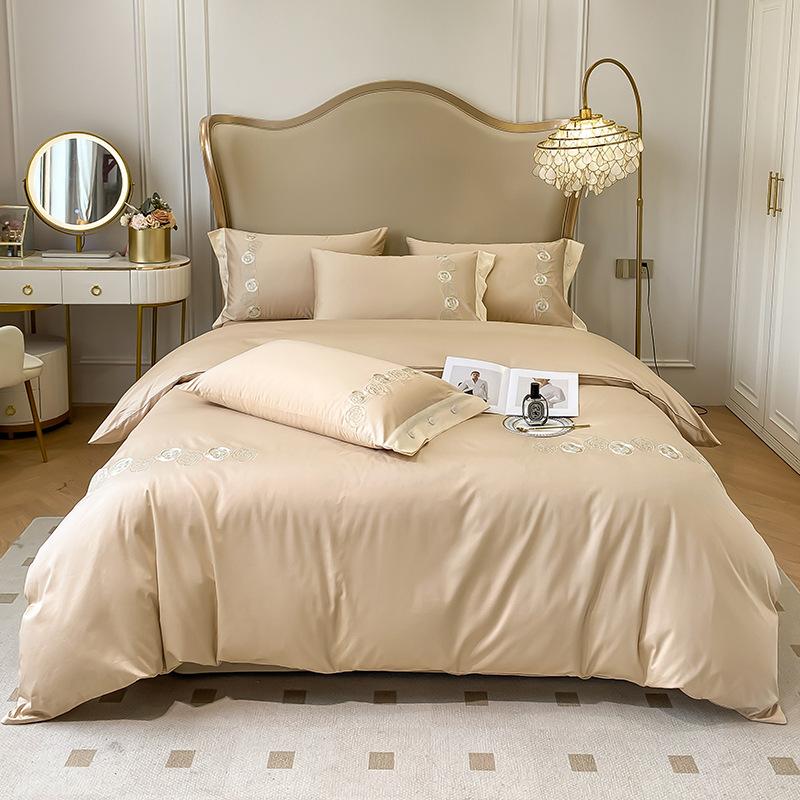 Embroidery Pure Cotton Four-piece Quilt Cover Solid Color Bed Sheet Light Luxury Style Bedding