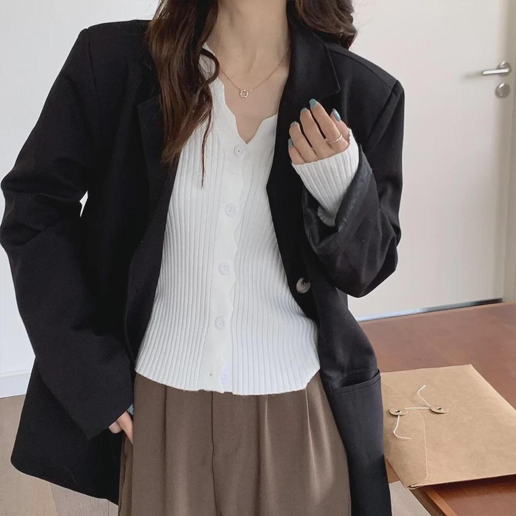 Autumn Korean V-Neck Slim Fit Core-Spun Yarn Cardigan Sweater for Women