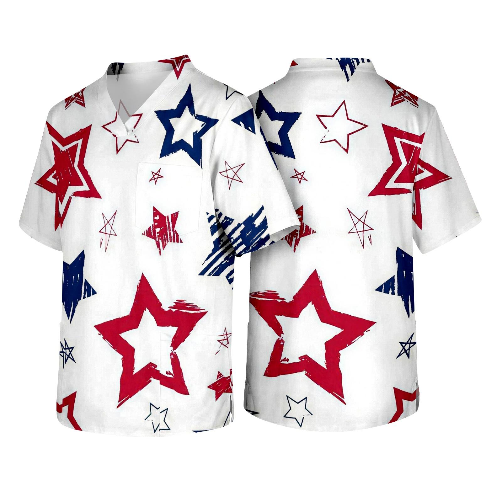 

Men s V Neck Scrub Top with Chest Pocket Fireworks Print Medical Workwear Short Sleeve Uniform Shirt for Healthcare Professionals XL білий