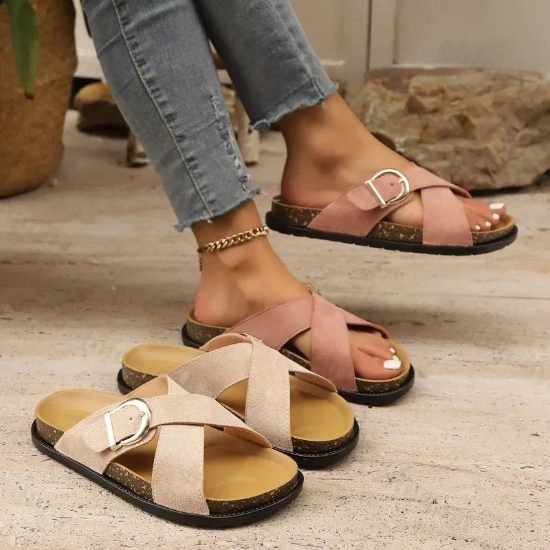 Fashion Women Slippers Fashion Suede Mules Clogs Cork Insole Sandals with Arch Support Outdoor Beach Slides Women Shoes Zapatillas Mujer