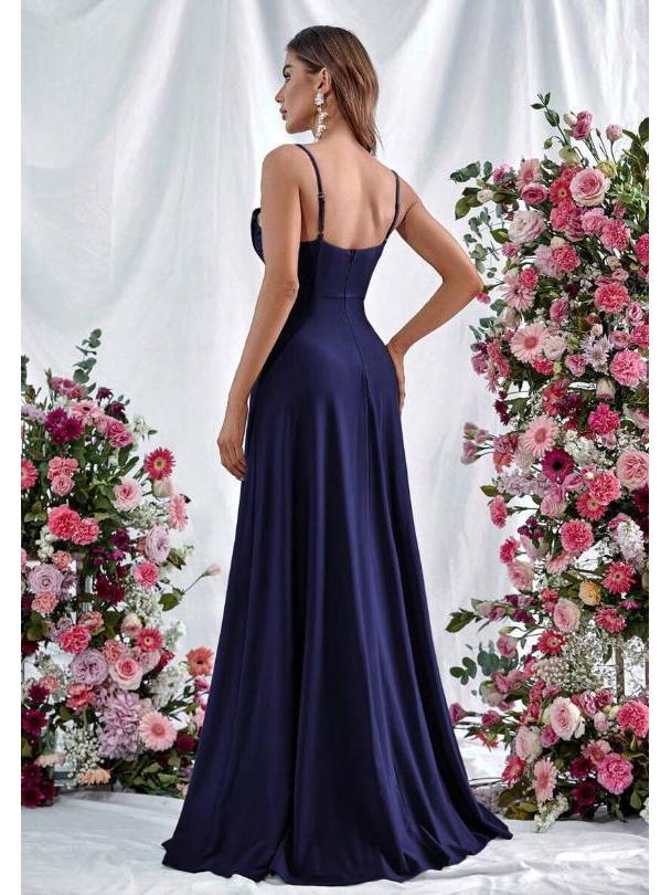 European Spring 2026 Strappy Off-Shoulder Sleeveless Slit Solid Color Elegant Women's Dress