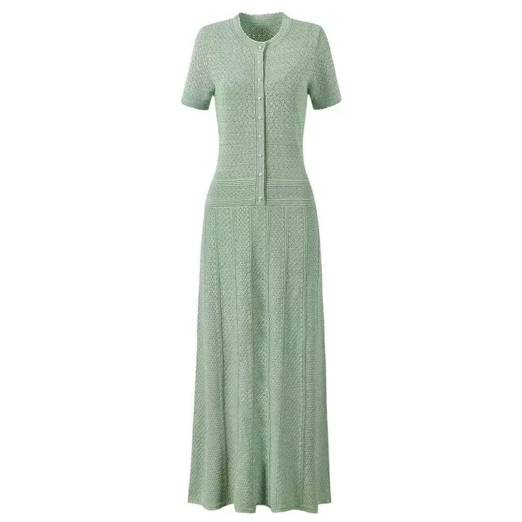 Rochie Lungă Elegantă S5 Primăvară/Vară cu Imprimeu Floral Francez, Decolteu Rotund, cu Nasturi