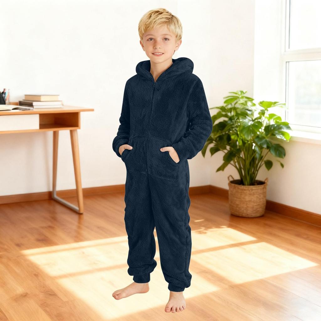 Kinder Mode Einfarbiges Fleece Kapuzen-Onesie Haus Schlafanzug Body