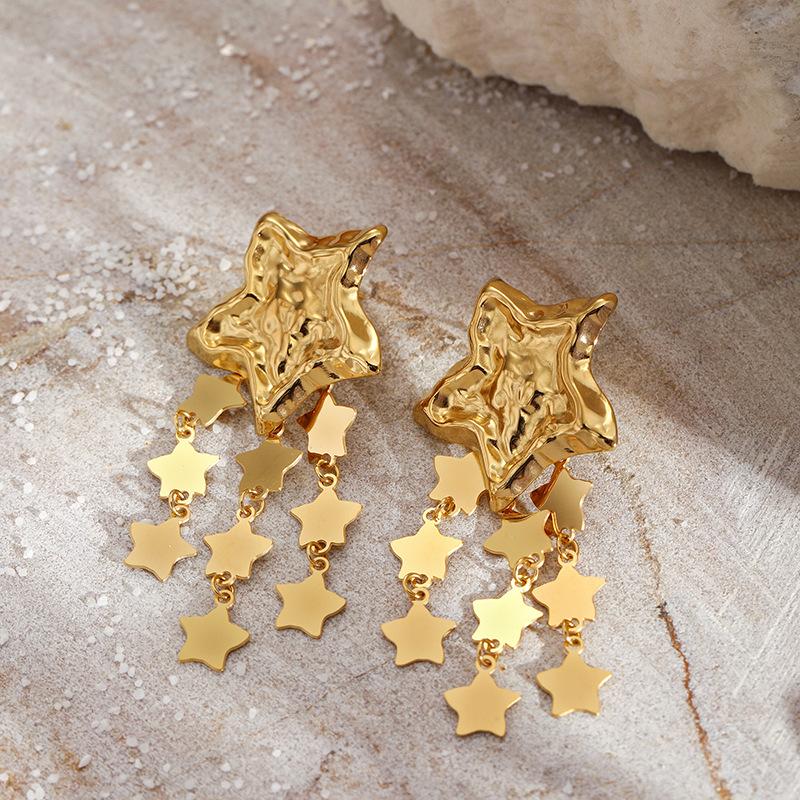 Knockout Pattern Pentagram Star Tassel Earrings Female Personality Fashion 18K Gold Stainless Steel Earrings