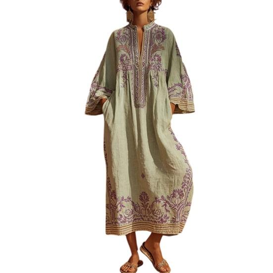 Abito Lungo Boho Casual da Donna, Estivo Lungo Bohémien con Stampa Ricamata, Manica 3/4 Scollo a V Svasato, Abiti da Vacanza con Tasche