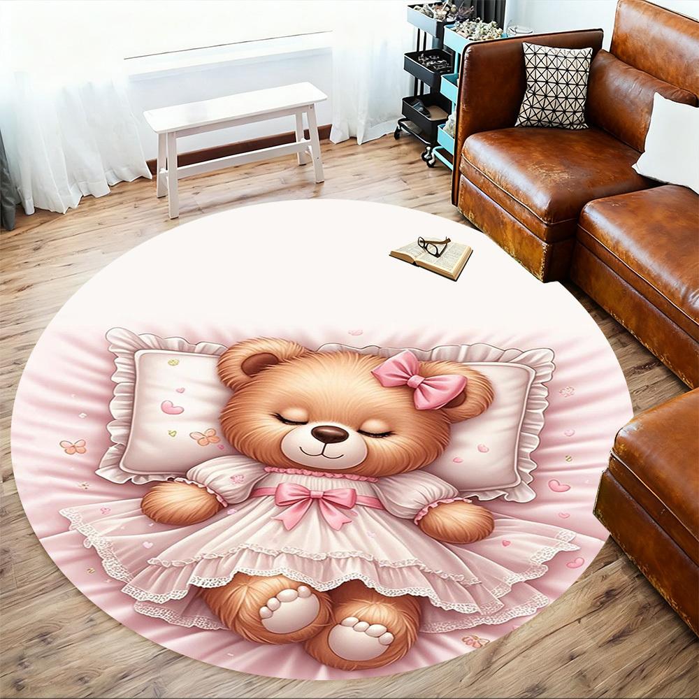 1PC Teddy Bear Pink Dress Sleep Round Chair Mat Area Rug - Non-Slip, Floor Mat for Office, Bedroom, Home Decor Christmas Gift C0528108