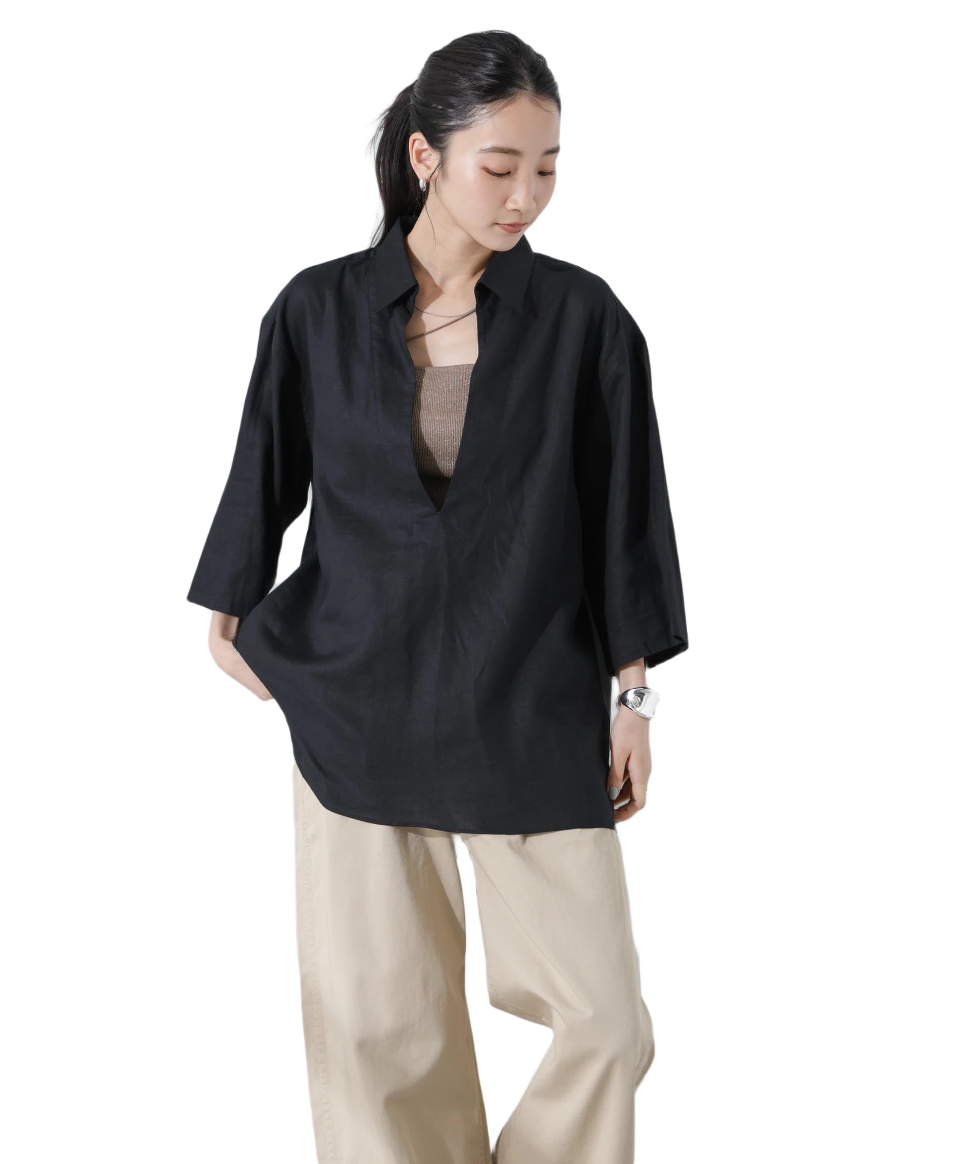 

Nano Universe Linen Pullover Size F Women s Anti-Smell V-Neck Shirt, Black, 010, 673-5121301