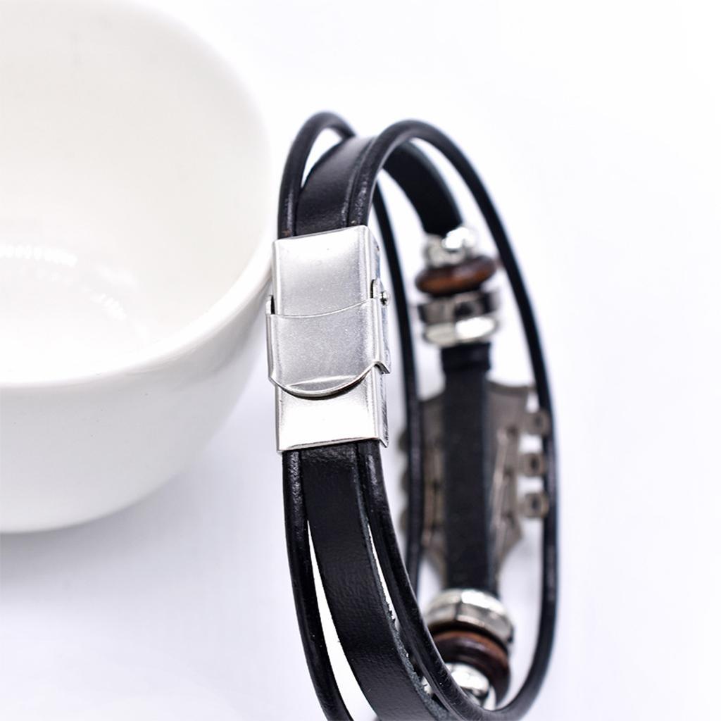 Alloy Music Guitar Leather Bracelet With  Flag Colored Enamel Stainless Steel Buckle And Woven Leather Strap.