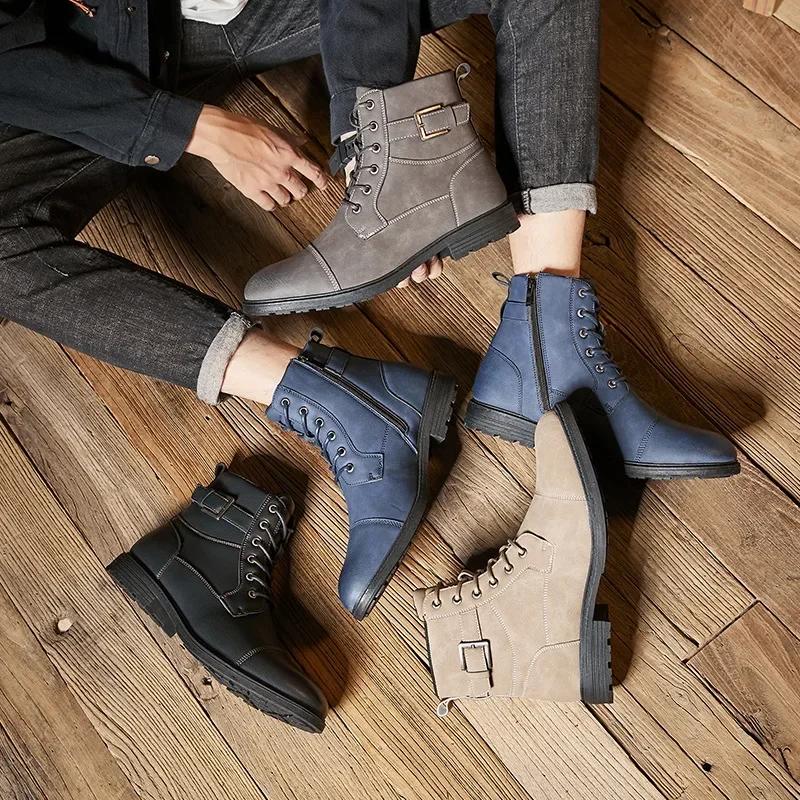 Autumn Winter Anti Slip Retro Man Leather Boots Lace Up High Top Ankle Boots Outdoor Men Martiin Boot Side Zipper Tooling Boots