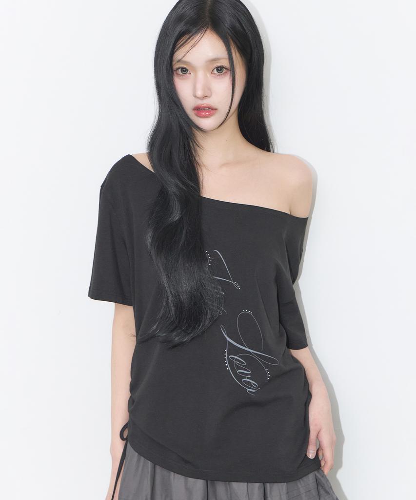 ILLIGO Ribbon String Off-Shoulder T-Shirt Black