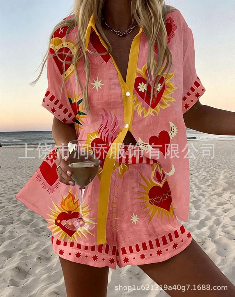 Hot Sale Casual Holiday Shirt Set Beach 1D Printed Shirt Shorts Women's Suit Customized-Made