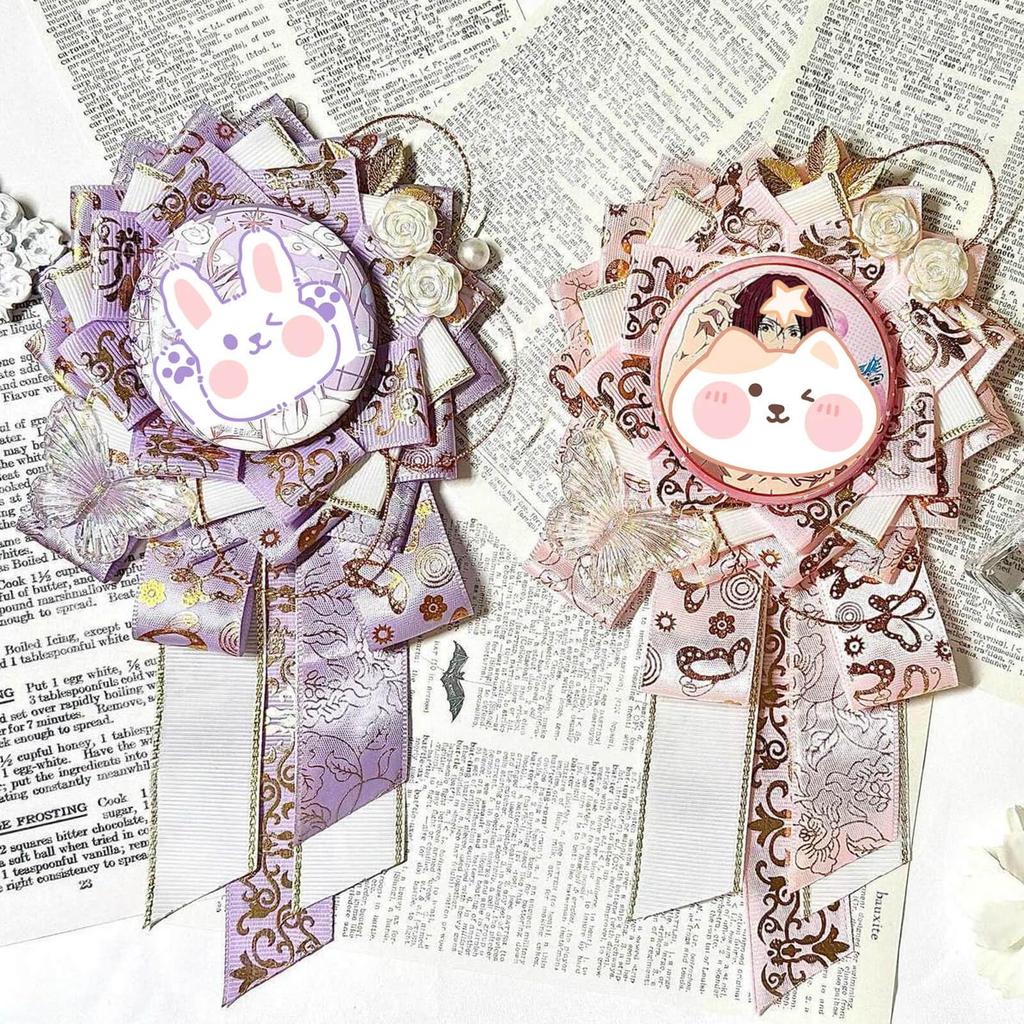 Set of 2 Rosettes for Can Badges, Fits 55-75mm Badges, Handmade with Ribbon, Butterfly and Flower Design, Perfect for Displaying and Decorating Ita