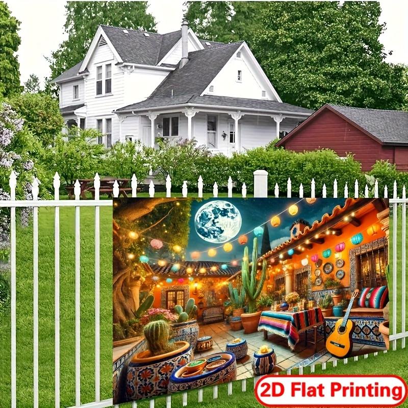 2D plane - Cultural celebration colorfully decorated Mexican courtyard scene background banner - polyester wall decoration