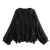 Women's V Neck Long Sleeve Ruffle Chiffon Blouse Loose Fit Lantern Cuff Single Breasted Flowy Shirt Spring Casual Top