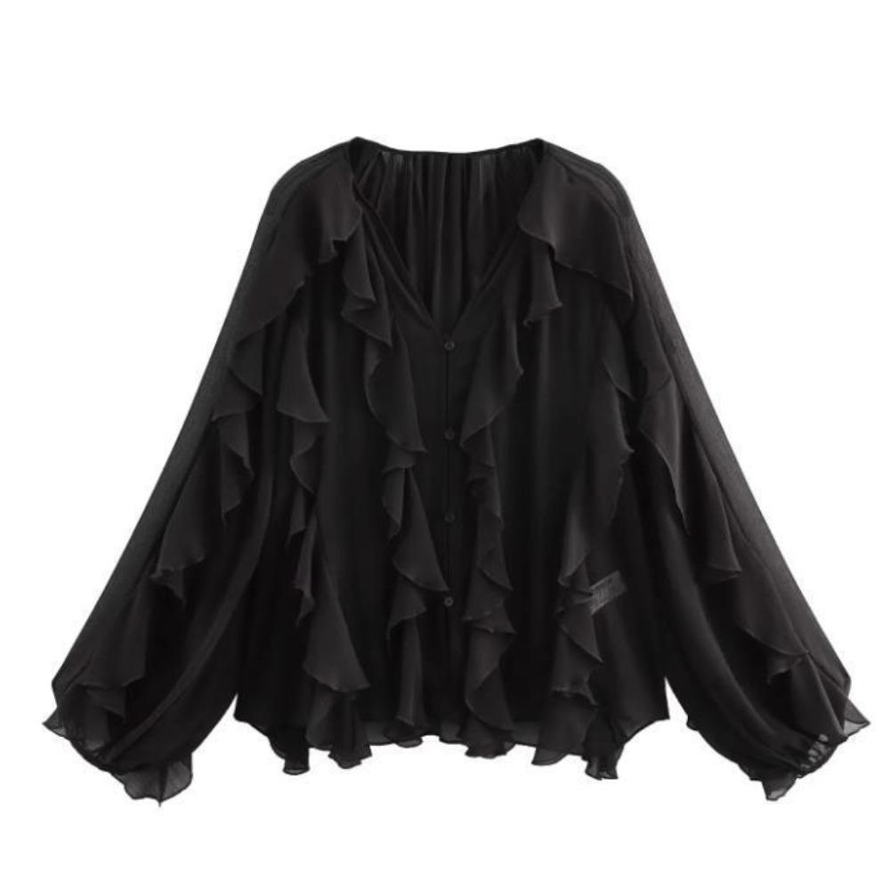 Women's V Neck Long Sleeve Ruffle Chiffon Blouse Loose Fit Lantern Cuff Single Breasted Flowy Shirt Spring Casual Top