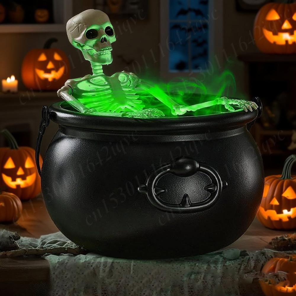 Party Scary Prop Trick Or Treat Candy Witch Bowl LED Mist Maker Skeleton Black Cauldron Pot Halloween Scary Prop House Decor