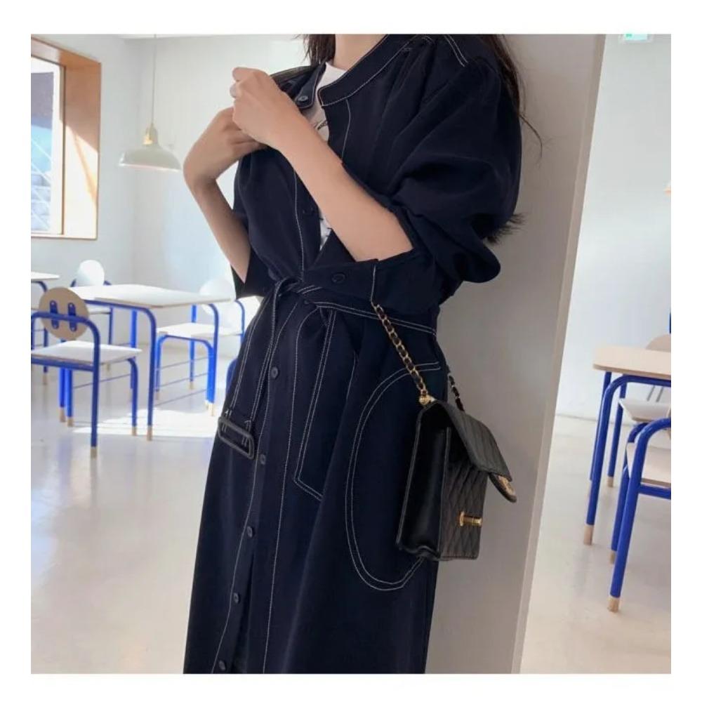 Single Breasted Women's Shirt Dresses Sashes New Stand Collar Casual Straight Dress Female