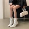 Rivet fringed locomotive boots women's new side zipper thin heel pointed high heel short boots women