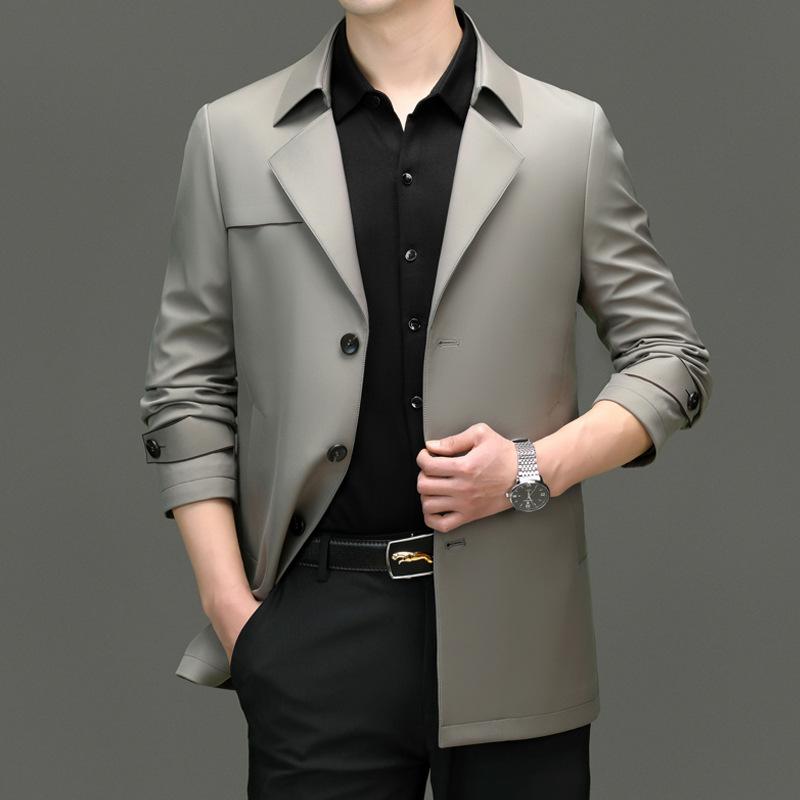 Men's Mulberry Silk Windbreaker Mid-length British Style Suit Collar Jacket Business Casual Large Size Jacket Spring Wear