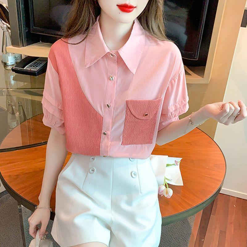 Color Block Shirt for Women Short-sleeved 2025 New Summer Fashionable Fashionable Design Niche Chiffon Top