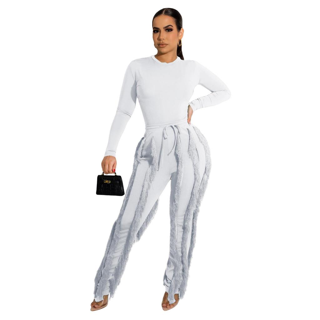 European and American Women's Tassel Lace Jumpsuit Set - Solid Color Sportswear, Autumn/Winter