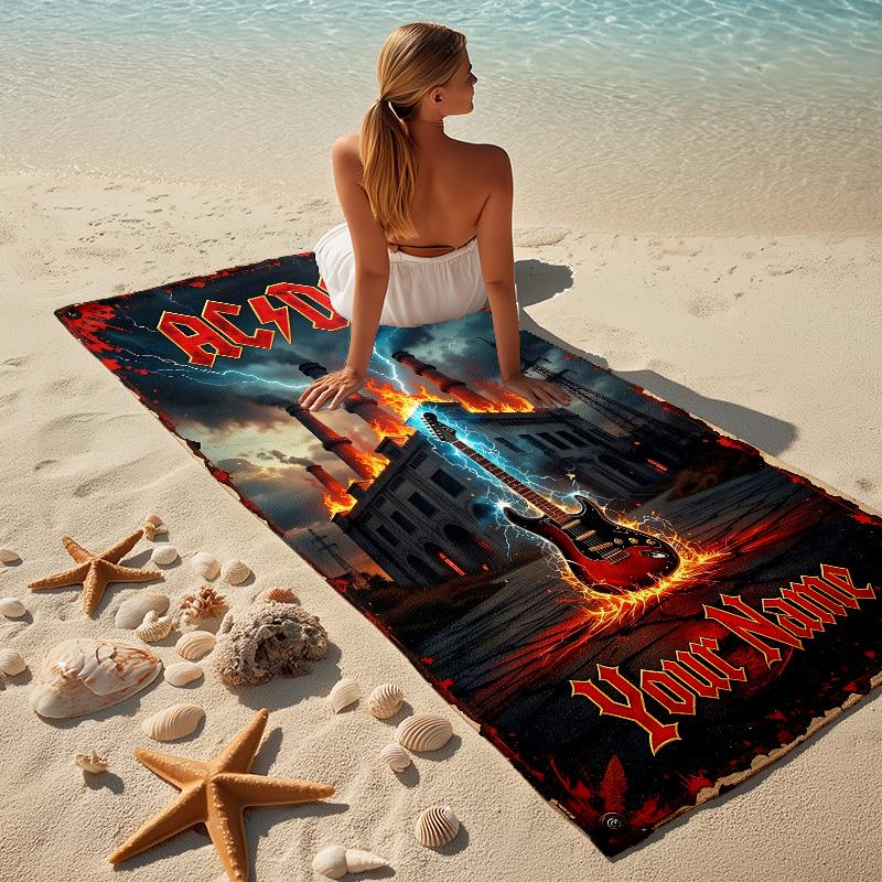 Custom Name Rock Fire Stylish Digital Printing Beach Towel Quick‑Drying Absorbent Blanket for Beach Pool Gym Travel