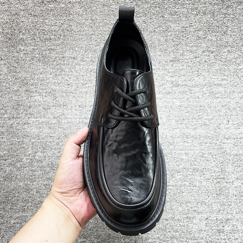 2025 spring new men's casual business platform heightening big head leather shoes men's black lace-up leather derby shoes
