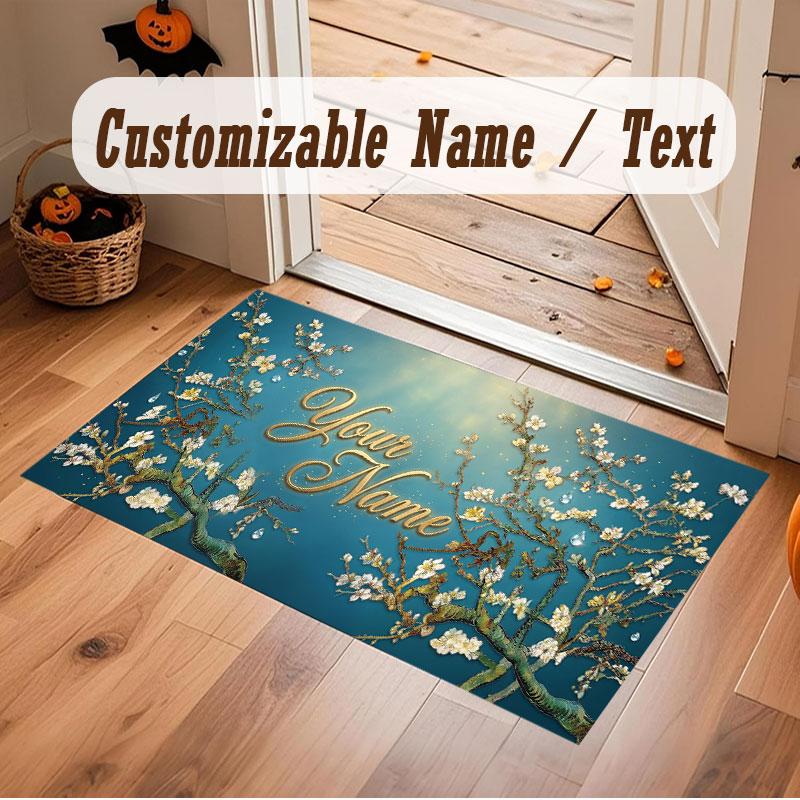Floral Garden Theme Crystal Velvet Floor Rug Personalized Custom Name Text Warm Carpet Home Decoration