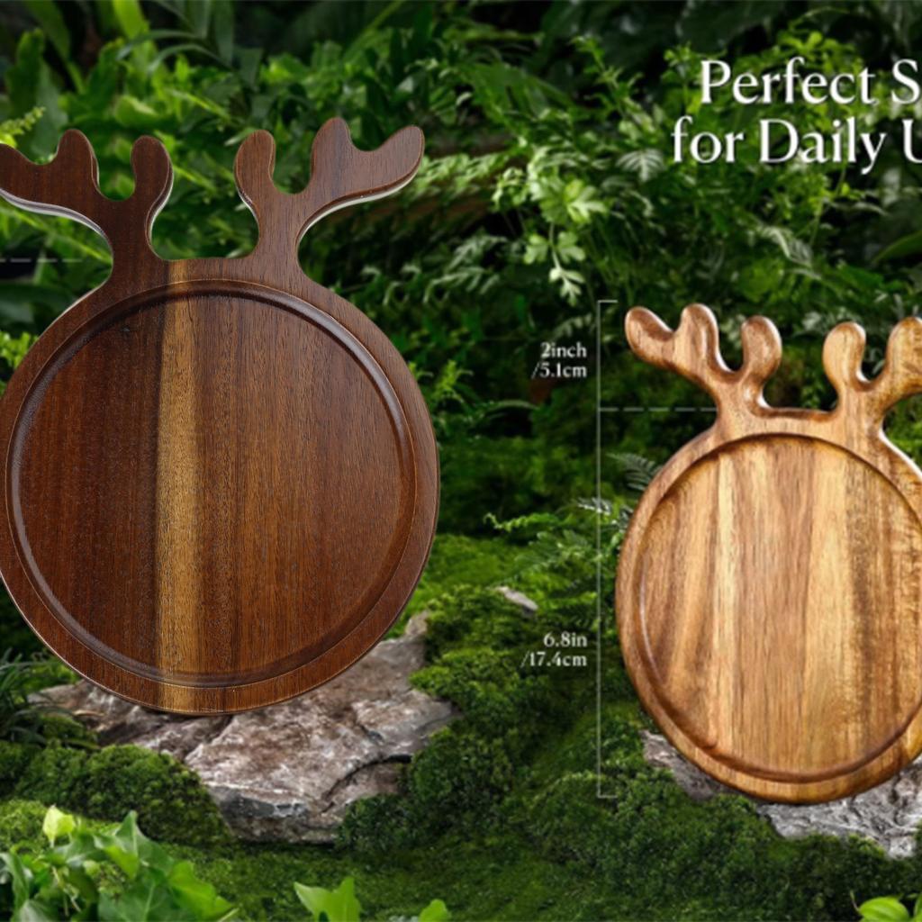 Wooden Serving Platter with Antler Handles Christmas Reindeer Decorative Plate Organizer Wood Food Tray for Snack Fruit