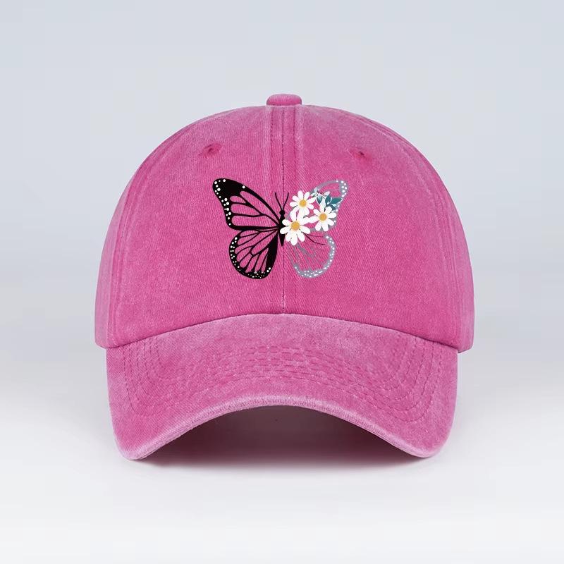 Butterfly And Daisy Print Washed Baseball Cap – Adjustable Unisex Retro Floral Sun Hat, Perfect For Camping And Vacations
