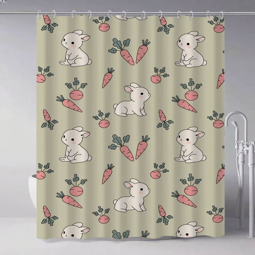Cute Rabbit With Carrot Shower Curtain, Bathroom Decorative Shower Curtain, Waterproof Shower Curtain With Hooks
