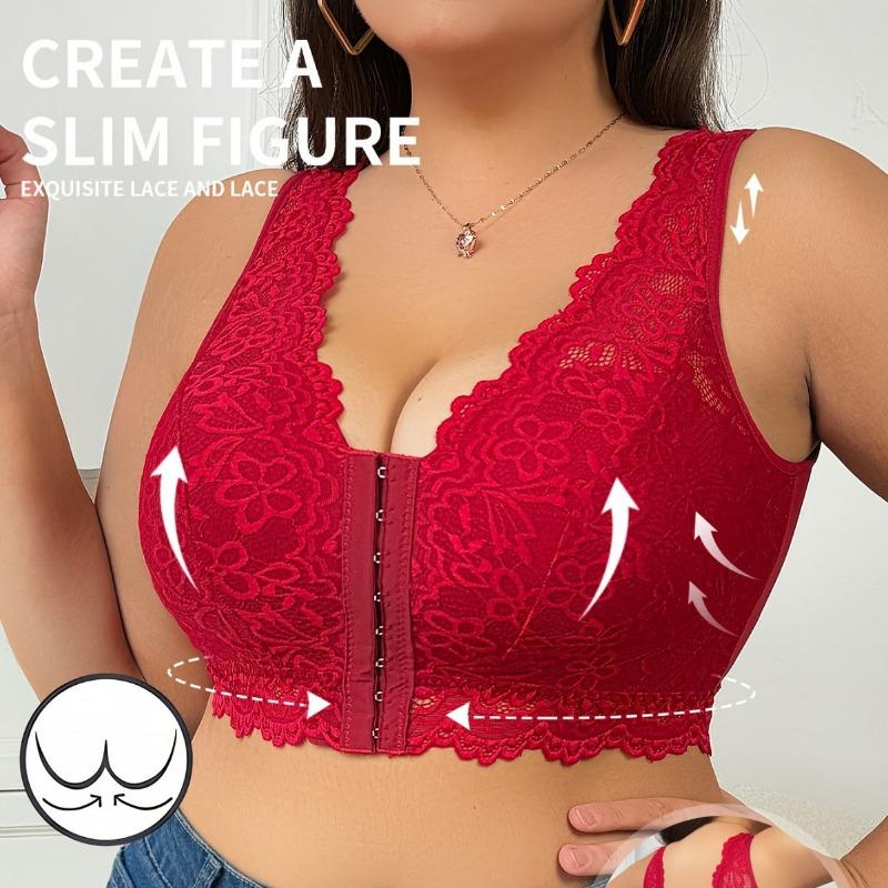 Red Front Closure Wireless Comfortable Gathering Plus Size Bra For Women