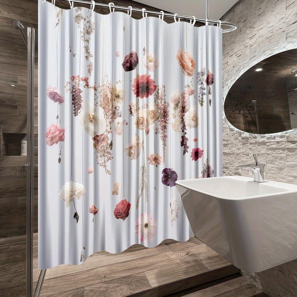 1Pc Floral Shower Curtain With Hanging Flowers Design - Polyester Fabric Bathroom Decor, 70.8X70.8 Inches, Includes 12 Hooks,