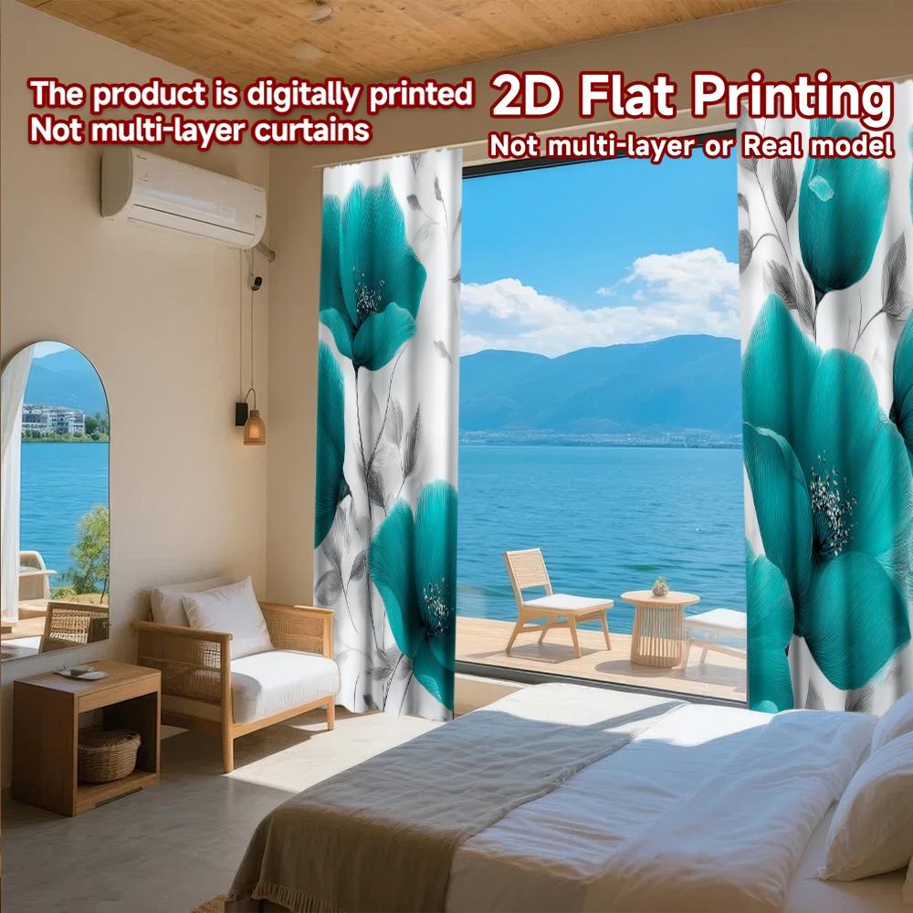2D FLAT PRINTING 2pcs Curtains (Without Rod) Floral Elegance in Blue Easter Festival Popular Curtains&Drapes Durable Polyester