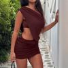 Summer New European and American Style Women's Clothing Fashion Slanted Shoulder Design Waist Tight Hip-wrapped Pleated Dress