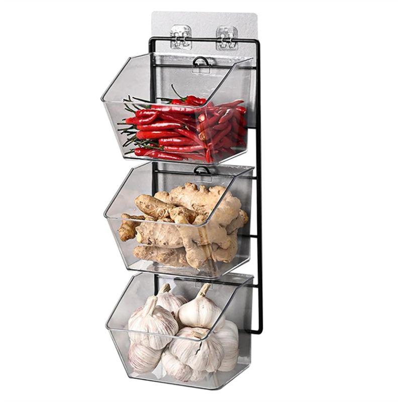 M-Modern-3 Compartments Wall Mounted Ginger Garlic Container Countertop Onion And Potato Storage Box With Metal Rack Durable Len