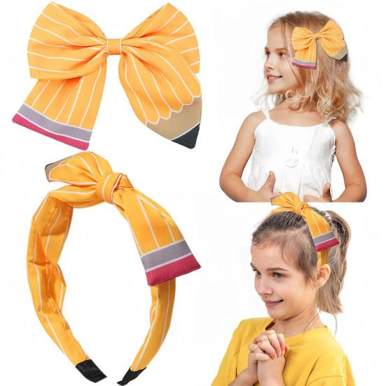 Women Hair Hoop Bright Yellow Pencil Design Bow Decor Hair Clip Back to School Student Teacher Hair Accessories