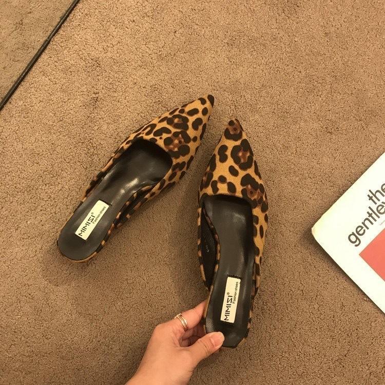 Fashion Pointed Toe Leopard Slippers Women Low Kitten Heel Flock Summer Slides Shoes Sexy Leopard Sandals Slingback Pumps Slippers Women