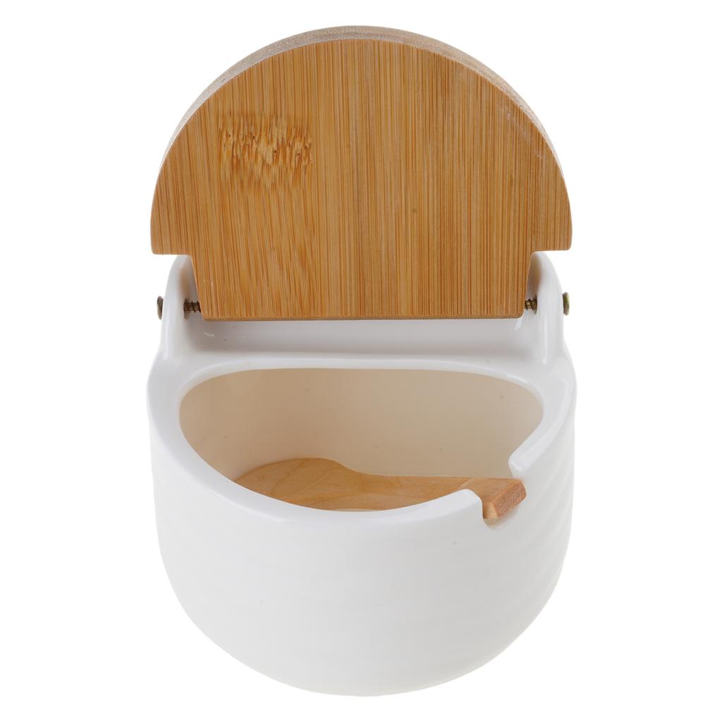 Salt Bowl with Lid and Spoon Ceramic Container for Storing Spices and Seasonings Kitchen Countertop Decorative Sugar Jar