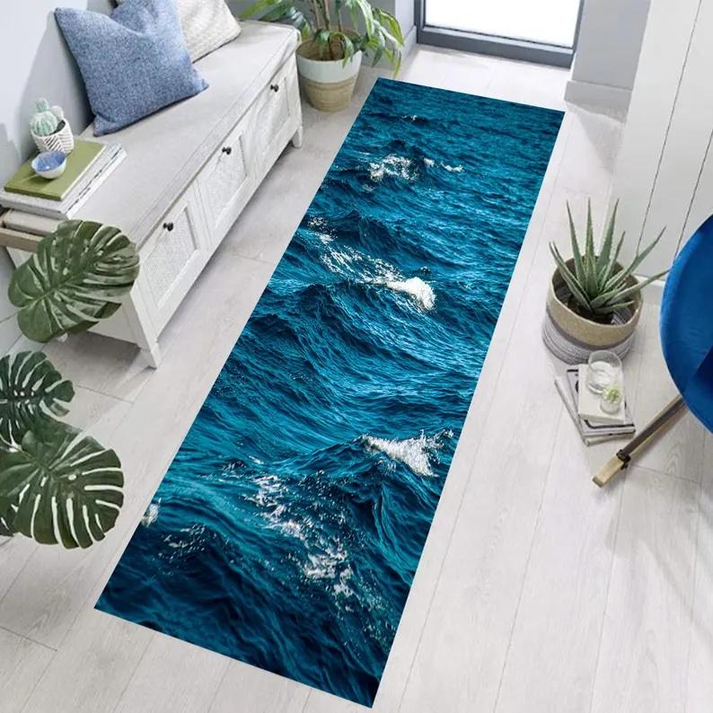 Underwater Fish Swarm Runner Rug Beach Starfish Pattern Decoration Carpet Living Room Corridor Bedside Sofa Footrest