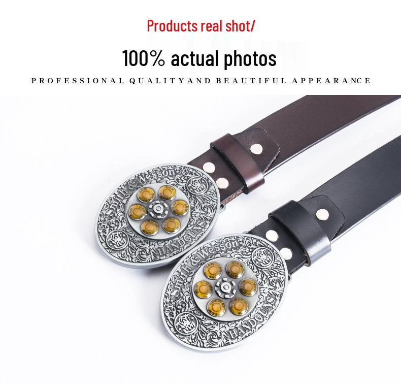 Black Cowhide Leather Belt with Bullet Pattern and Rotatable Buckle for Autumn/Winter