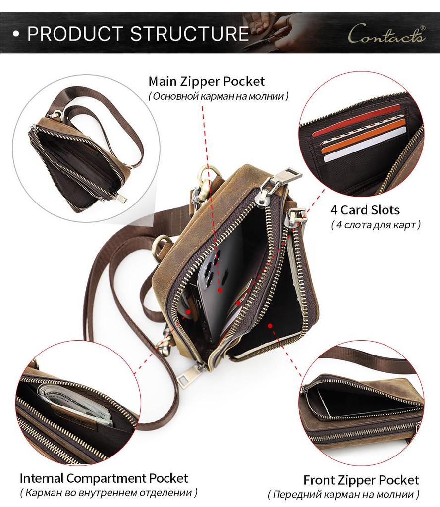 Black Angel Retro Men's Crazy Horse Leather Crossbody Phone Bag