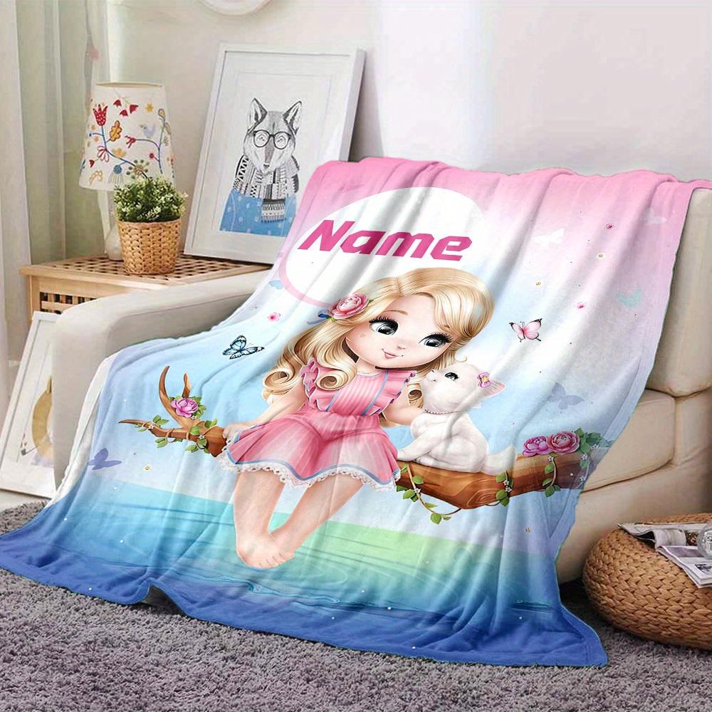 Home Customize Your Name Blankets Cute Girl With Cat On Branch Comfortable Soft Lightweight Allseason Multipurpose Blanket For Picnic Sofa Office Bed