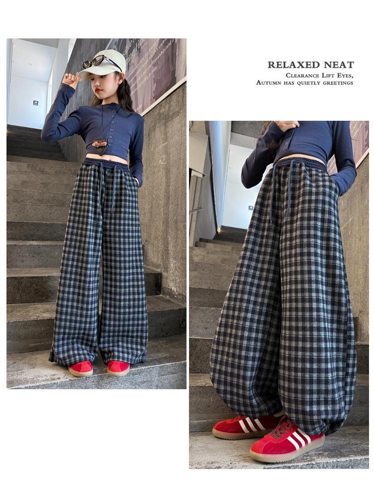Girls' Plaid Wide-Leg Pants 2025: New Children's Loose Spring & Autumn Casual Straight-Leg Trousers for Big Kids